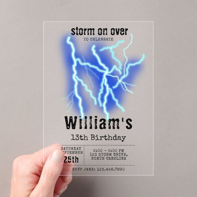 Lightning Bolt Electricity Thunderstorm Birthday Acrylic Invitations (Insitu (Handheld))
