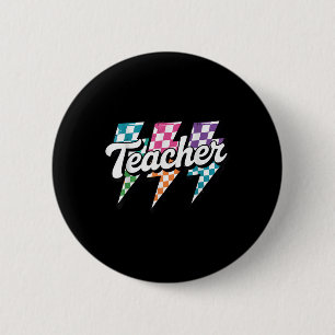 Lightning Bolt Teacher Back To School Checkered Re Button