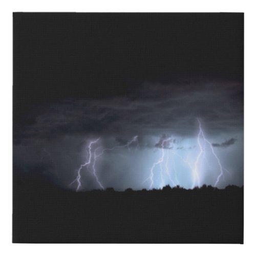 Lightning crashes black clouds at night faux canvas print