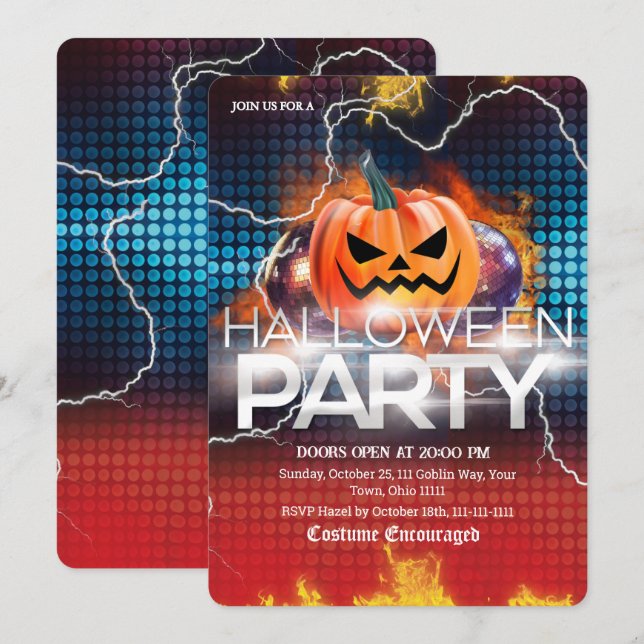 Lightning Fire Disco Pumpkin Halloween Party Invitation (Front/Back)