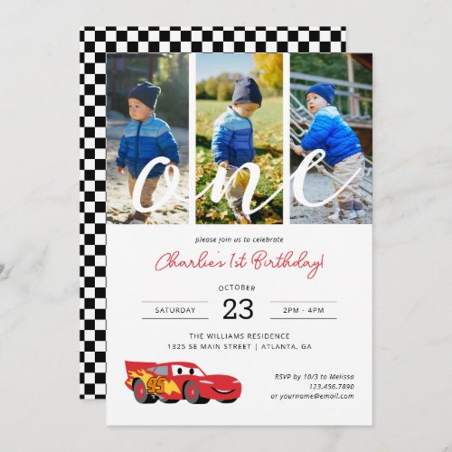 Lightning McQueen 1st Birthday  Photo Collage Invitation
