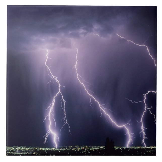 Lightning over Salt Lake Valley, Utah. Ceramic Tile (Front)