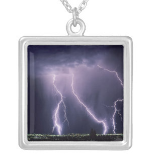 Lightning over Salt Lake Valley, Utah. Silver Plated Necklace