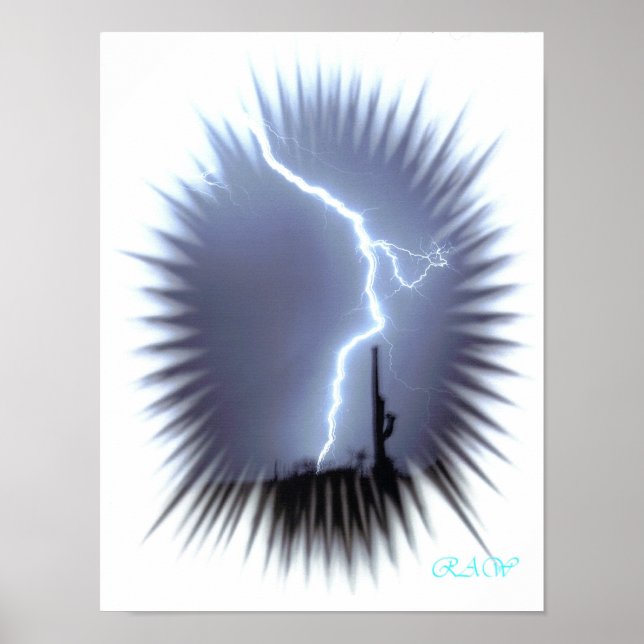 Lightning Silhouettes a Saguaro Cactus - Flash Poster (Front)