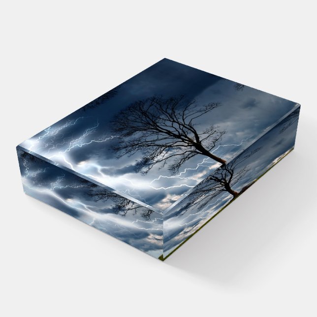Lightning Storm Tree Navy Blue Paperweight (Angled)