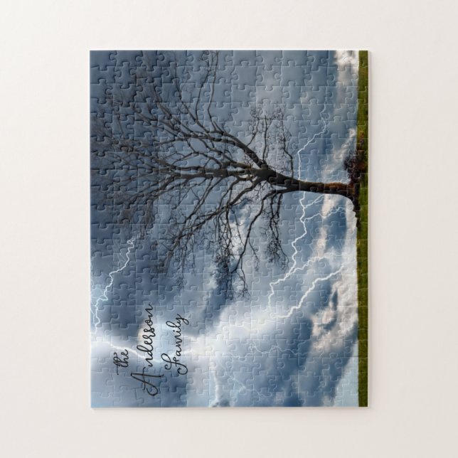 Lightning Storm Tree Personalized Navy Blue Jigsaw Puzzle (Vertical)