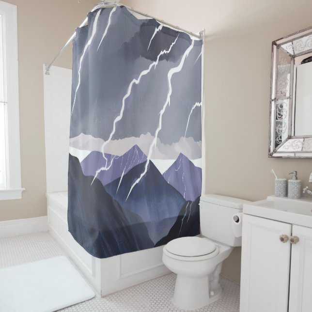 Lightning Storm | Watercolor Dark Mountains Shower Curtain (In Situ)