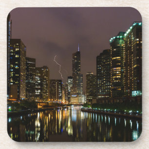 Lightning Strike Over Chicago River Beverage Coaster