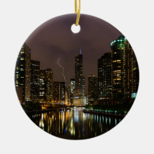 Lightning Strike Over Chicago River Ceramic Ornament