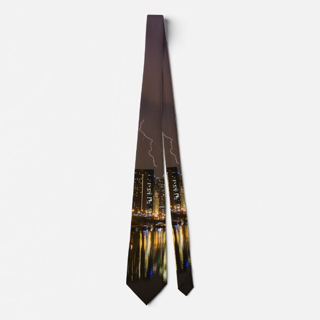 Lightning Strike Over Chicago River Neck Tie (Front)