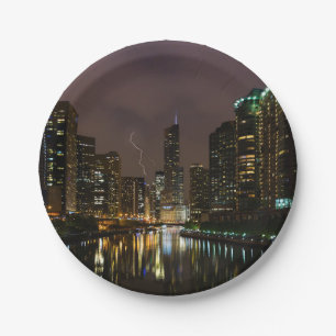 Lightning Strike Over Chicago River Paper Plates