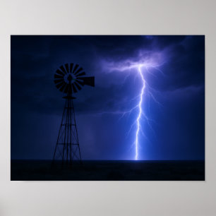 Lightning Strike Windmill Poster - Dramatic Texas