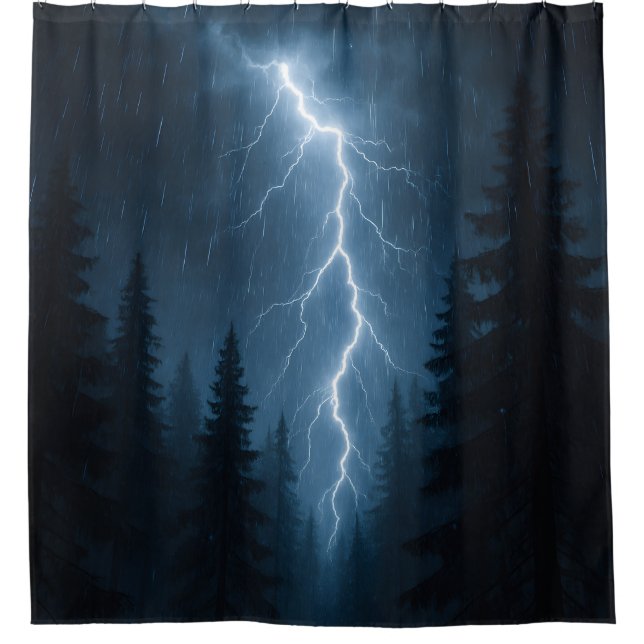 Lightning strikes a forest at night shower curtain (Front)