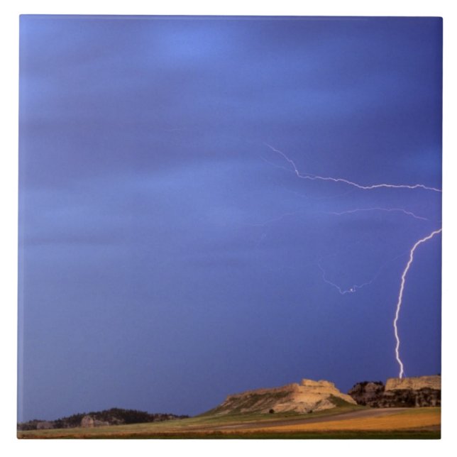 Lightning strikes buttes near Scottsbluff Ceramic Tile (Front)