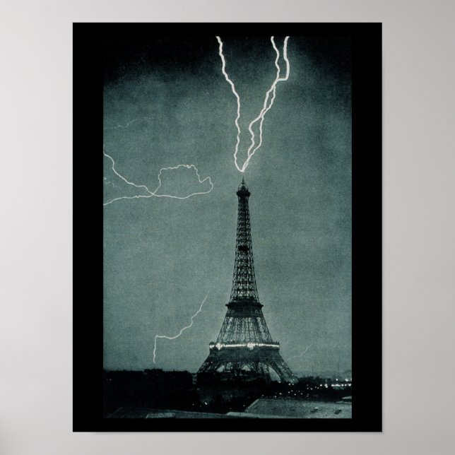 Lightning Strikes Eiffel Tower Vintage Photograph Poster (Front)