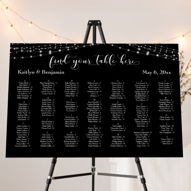Lights Alphabetical Seating Chart 170 Names Black Foam Board (In Situ (Stand))