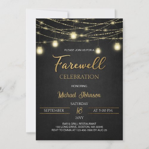 Lights and Gold Elegant Script Farewell Party Invitation