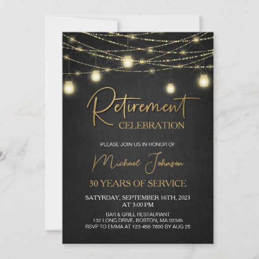 Lights and Gold Elegant Script Retirement Party Invitation | Zazzle