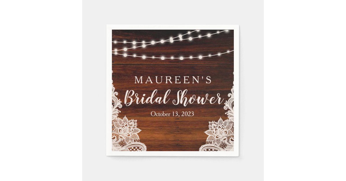 Lights and Lace Rustic Wood Bridal Shower Paper Napkins | Zazzle
