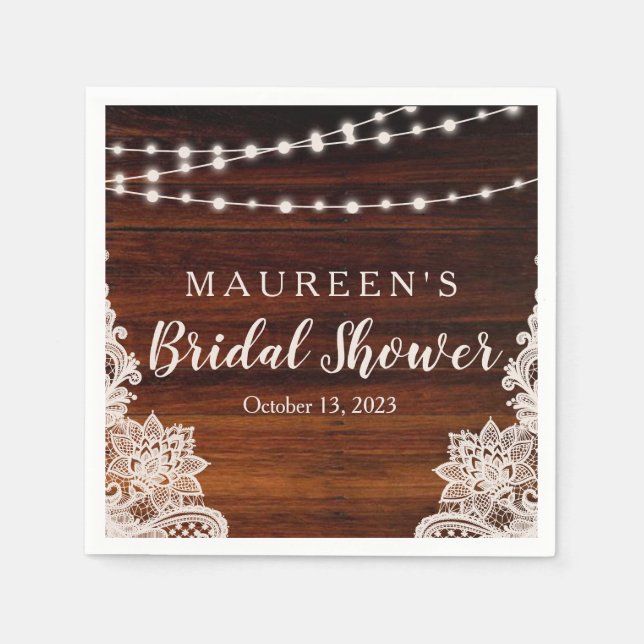 Lights and Lace Rustic Wood Bridal Shower Paper Napkins (Front)