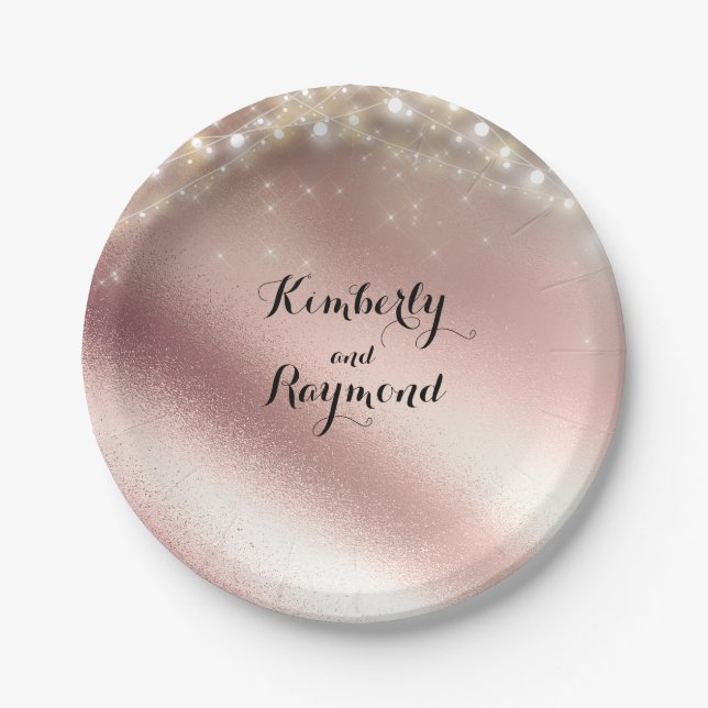 Lights and Rose Gold Glitter Wedding Paper Plates (Front)