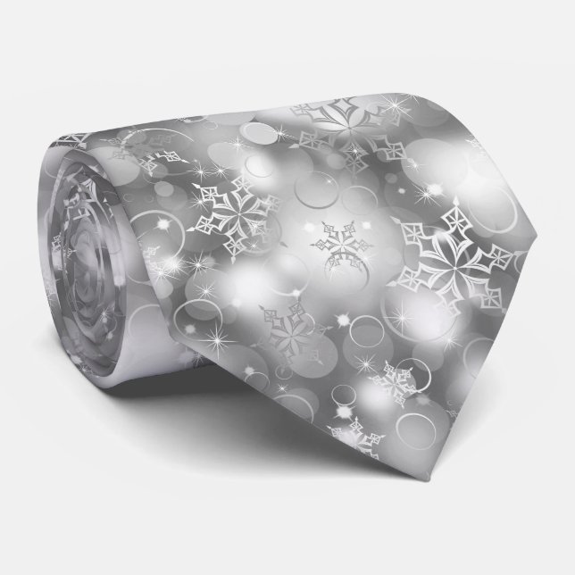 Lights and Snowflakes, Silver - Christmas Ties, Neck Tie (Rolled)