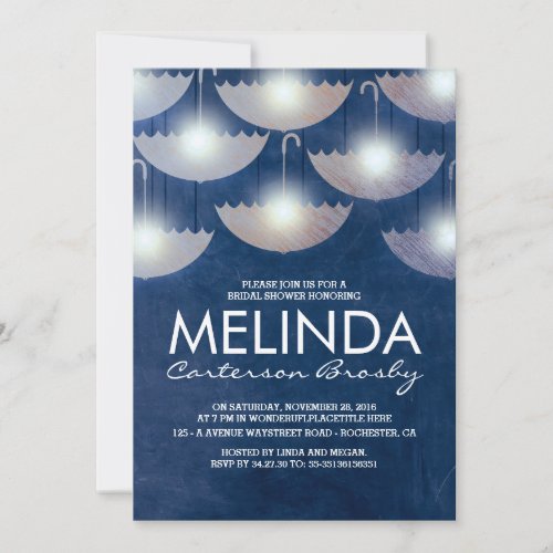 Lights and Umbrellas Navy Blue Bridal Shower Invitation