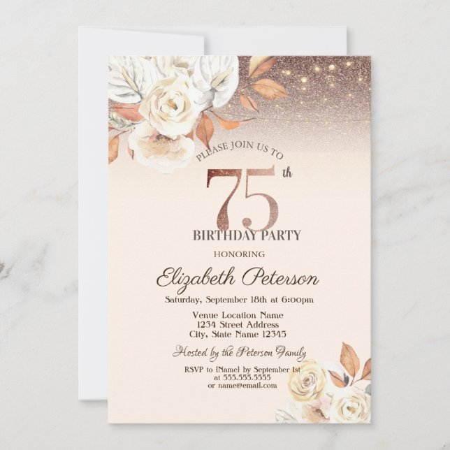  Lights,Autumn Flowers Glitter Bokeh 75th Birthday Invitation (Front)