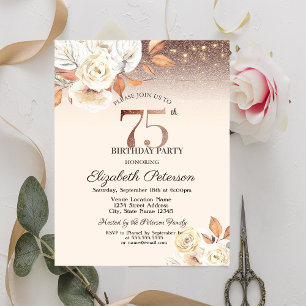  Lights,Autumn Flowers Glitter Bokeh 75th Birthday Invitation
