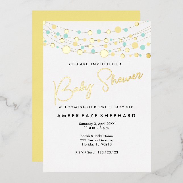 Lights Baby Shower Invitation - Yellow & Green Foil Invitation (Front/Back)