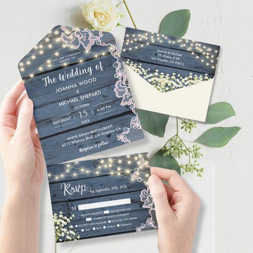 Lights Babys Breath  Lace Navy Blue Wood All in  All In One Invitation
