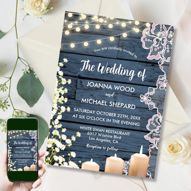 Lights Baby's Breath & Lace Navy Blue Wood Wedding Invitation (Creator Uploaded)