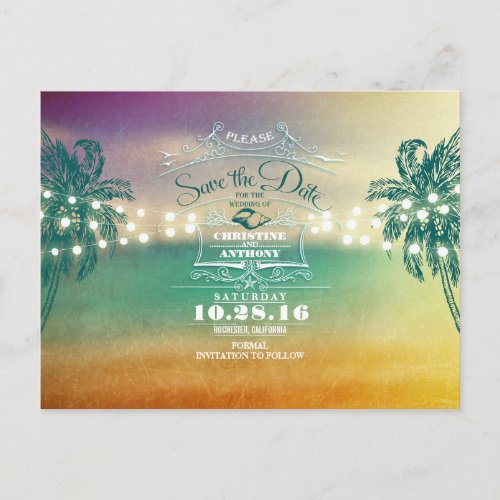 Lights beach wedding save the date postcards