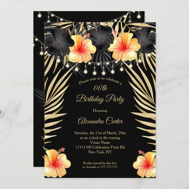 Lights Black Gold yellow Hibiscus Tropical Party Invitation (Front/Back)