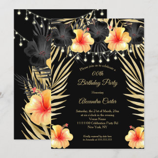 Lights Black Gold yellow Hibiscus Tropical Party Invitation