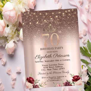 Lights,Burgundy Flowers Glitter, Rose Gold 70th Invitation