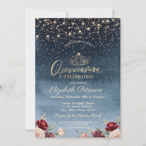  LightsBurgundy Flowers Navy Blue Quinceaera    Invitation