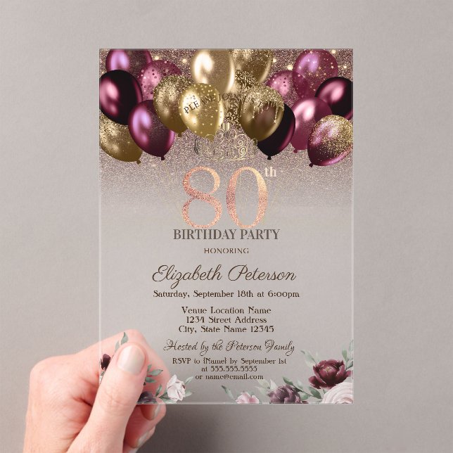  Lights,Burgundy Glitter Balloons 80th Birthday  Acrylic Invitations (Insitu (Handheld))