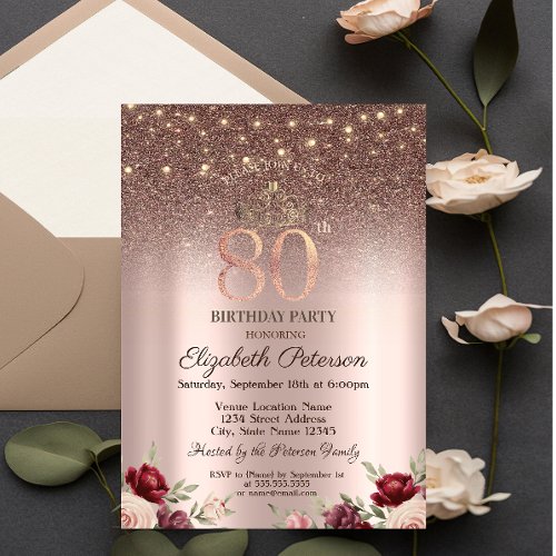  LightsBurgundy Glitter Rose Gold 80TH Birthday  Invitation