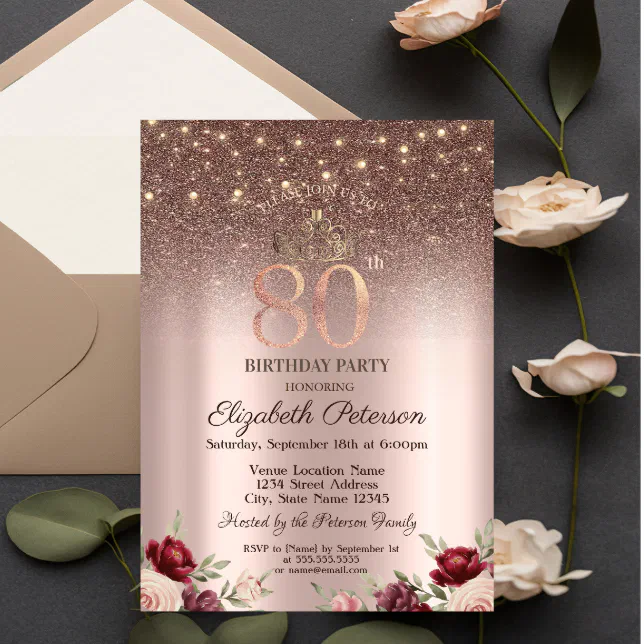 Lights,Burgundy Glitter, Rose Gold 80TH Birthday Invitation | Zazzle