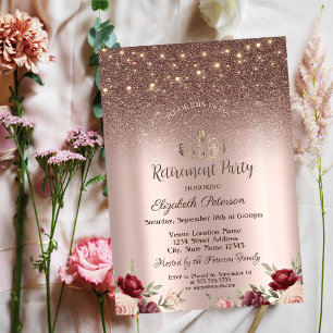 Lights,Burgundy Glitter, Rose Gold Retirement Invitation
