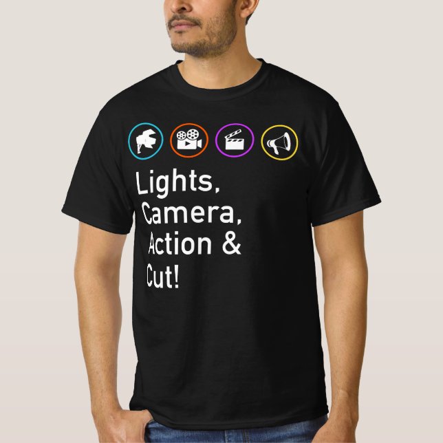 Lights Camera Action &amp; Cut Funny Film TV Crew T-Shirt (Front)