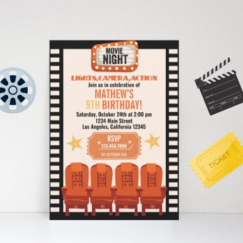 Lights Camera Action Movie Night Birthday Invitation