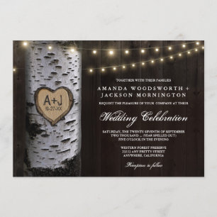 Lights + Carved Birch Tree Wedding Invitations