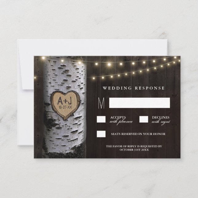 Lights + Carved Birch Tree Wedding RSVP Cards (Front)