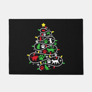 Lights Cat Paws Print Christmas Tree Holiday Doormat