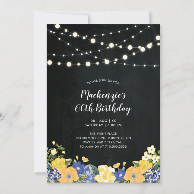 Lights & Chalkboard Floral Adult Birthday Party Invitation (Front)
