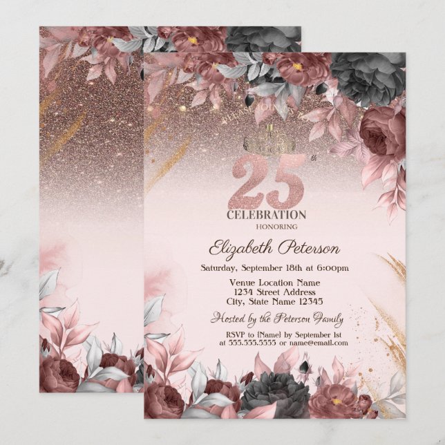  Lights,Chic Flowers Glitter 25th Birthday Invitation (Front/Back)
