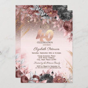 Lights,Chic Flowers Glitter 40th Birthday Invitation