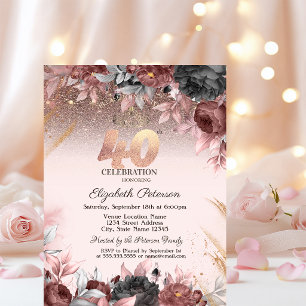 Lights,Chic Flowers Glitter 40th Birthday Invitation